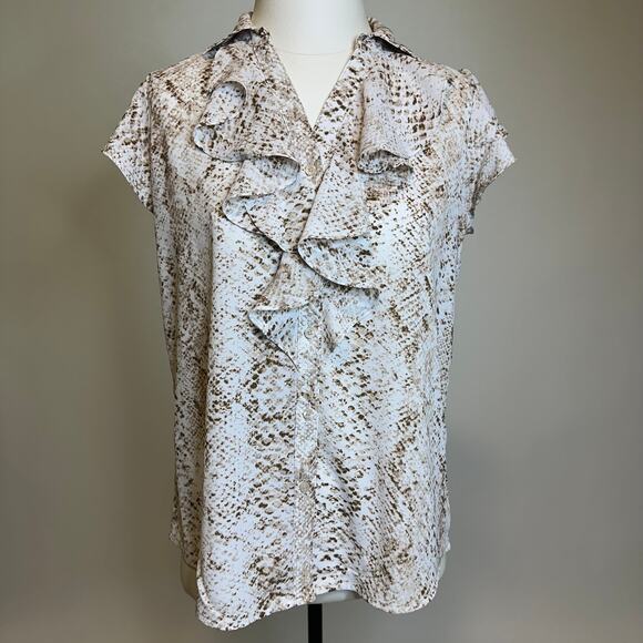 Calvin Klein Snake Print Ruffle Short Sleeve Button Up Blouse Womens Size Small - Picture 1 of 14
